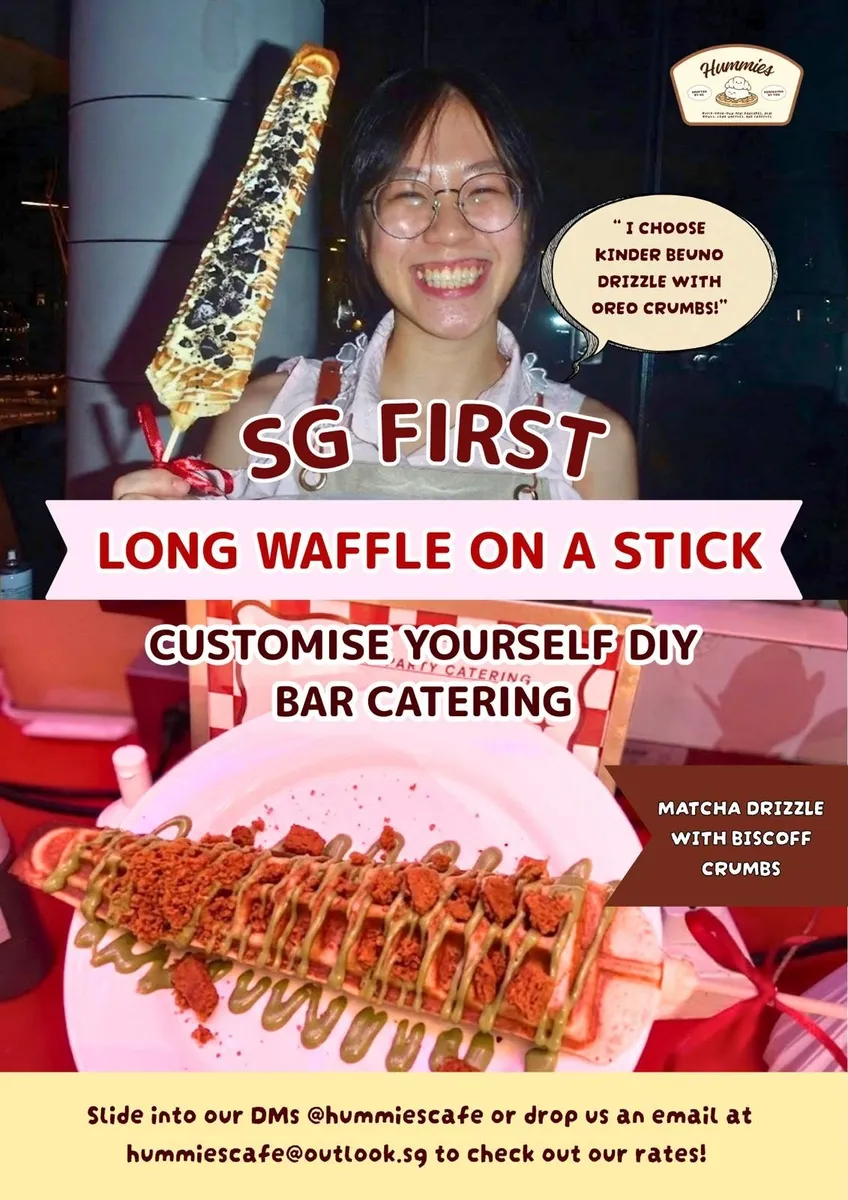 Hummies poster reading SG FIRST long waffle on a stick